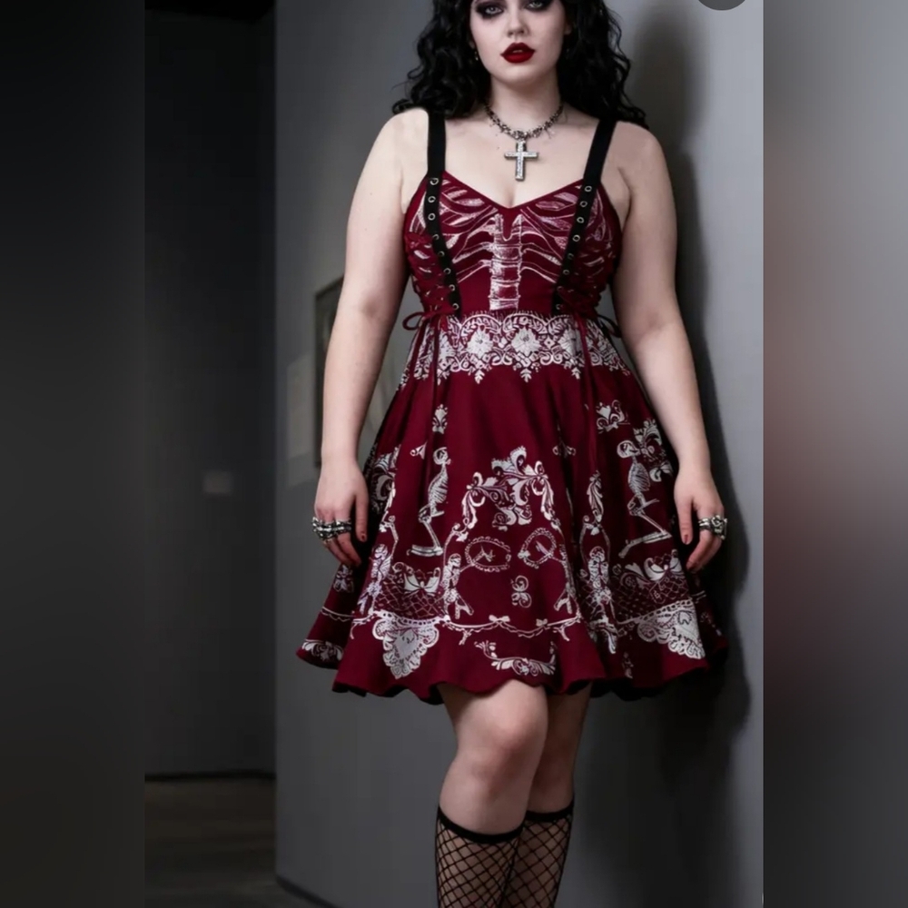 Elegant Burgundy Skeleton Print Dress